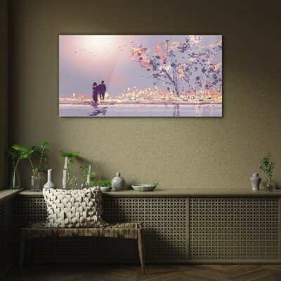 Romantic sunset walk Glass Wall Art