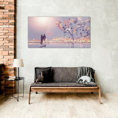 Romantic sunset walk Glass Wall Art