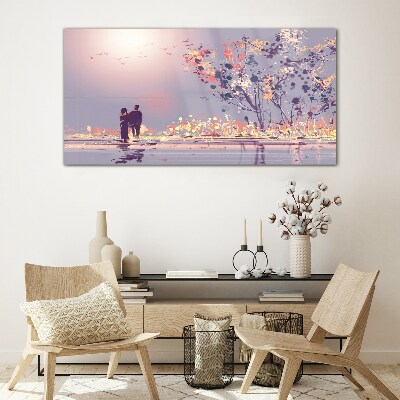 Romantic sunset walk Glass Wall Art