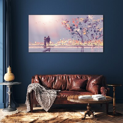 Romantic sunset walk Glass Wall Art