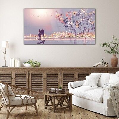 Romantic sunset walk Glass Wall Art