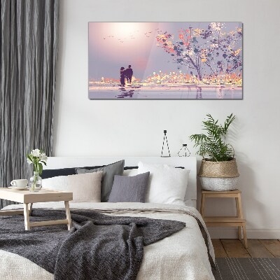 Romantic sunset walk Glass Wall Art