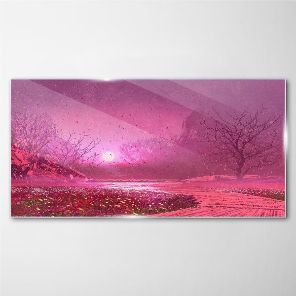 Pink fog over the spring landscape Glass Wall Art