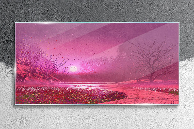 Pink fog over the spring landscape Glass Wall Art