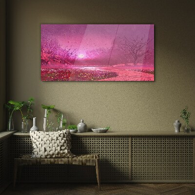 Pink fog over the spring landscape Glass Wall Art