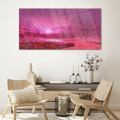 Pink fog over the spring landscape Glass Wall Art