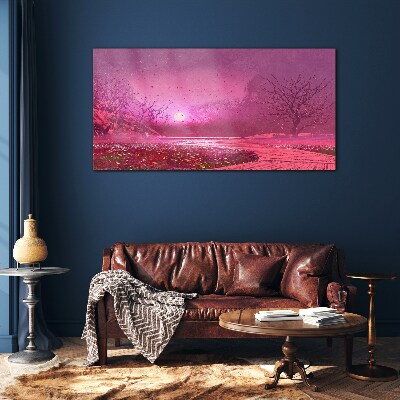 Pink fog over the spring landscape Glass Wall Art