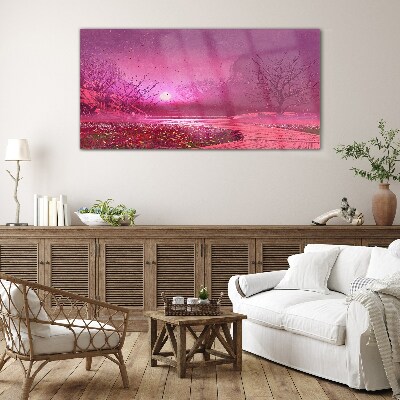 Pink fog over the spring landscape Glass Wall Art