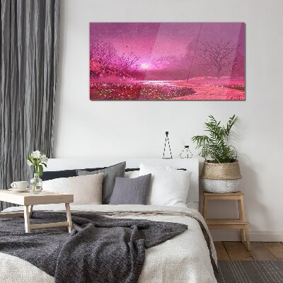 Pink fog over the spring landscape Glass Wall Art