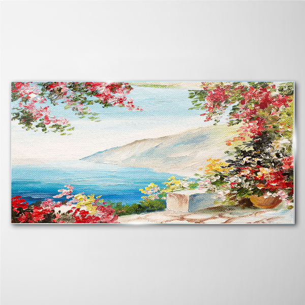 Summer seaside landscape with flowers Glass Wall Art