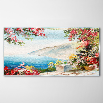 Summer seaside landscape with flowers Glass Wall Art