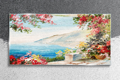 Summer seaside landscape with flowers Glass Wall Art