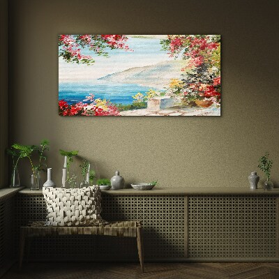 Summer seaside landscape with flowers Glass Wall Art