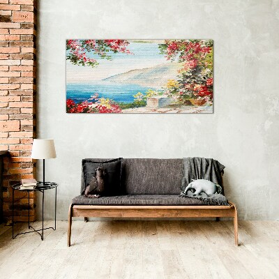 Summer seaside landscape with flowers Glass Wall Art