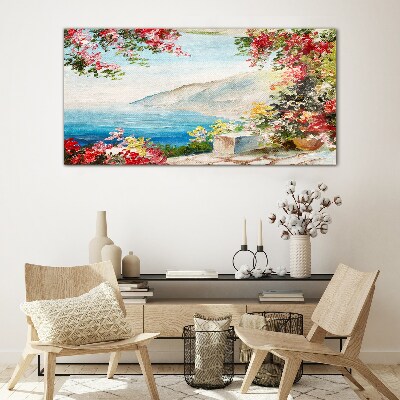Summer seaside landscape with flowers Glass Wall Art