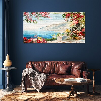 Summer seaside landscape with flowers Glass Wall Art