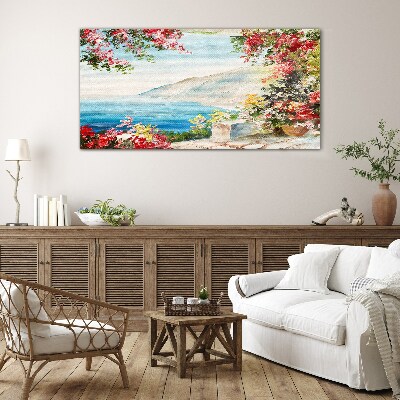 Summer seaside landscape with flowers Glass Wall Art