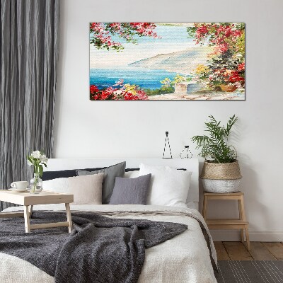 Summer seaside landscape with flowers Glass Wall Art