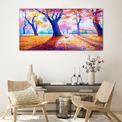 Autumn scenery in rainbow colors Glass Wall Art