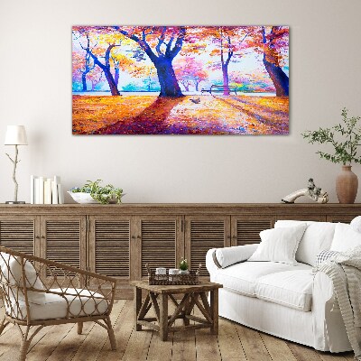 Autumn scenery in rainbow colors Glass Wall Art