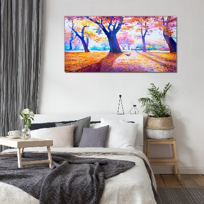 Autumn scenery in rainbow colors Glass Wall Art