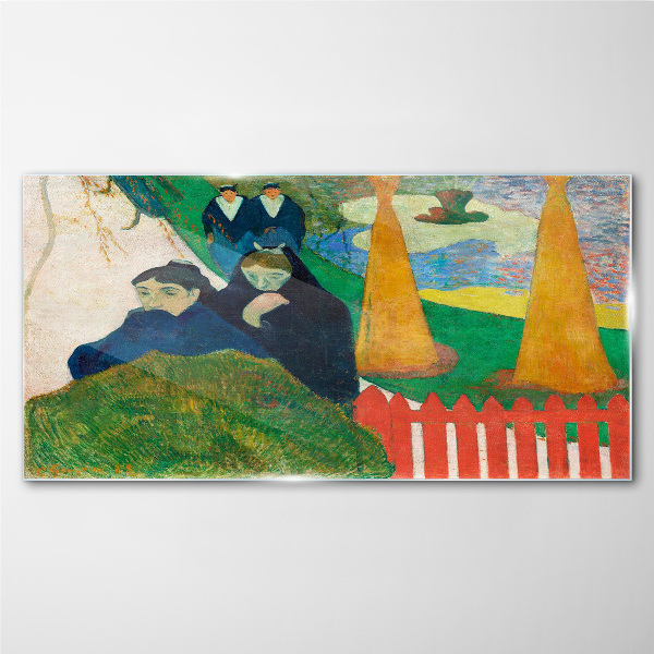 Green landscape with figures Glass Wall Art
