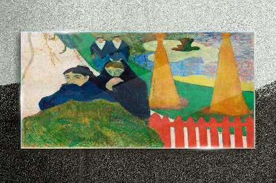 Green landscape with figures Glass Wall Art