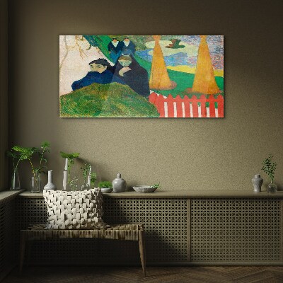 Green landscape with figures Glass Wall Art