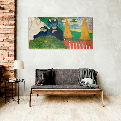 Green landscape with figures Glass Wall Art
