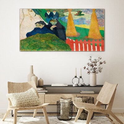 Green landscape with figures Glass Wall Art