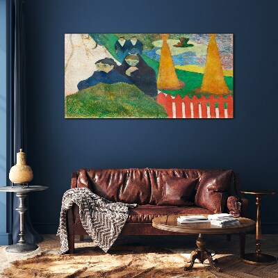 Green landscape with figures Glass Wall Art