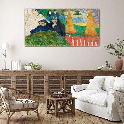 Green landscape with figures Glass Wall Art