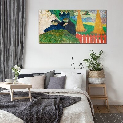Green landscape with figures Glass Wall Art