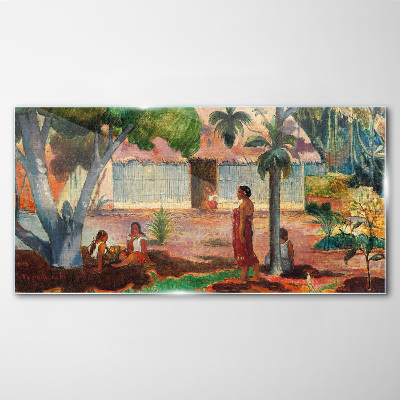 Tropical landscape with figures Glass Wall Art
