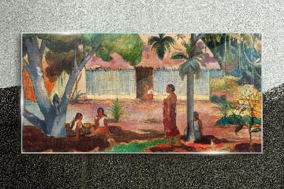 Gauguin hut village natives Glass Wall Art