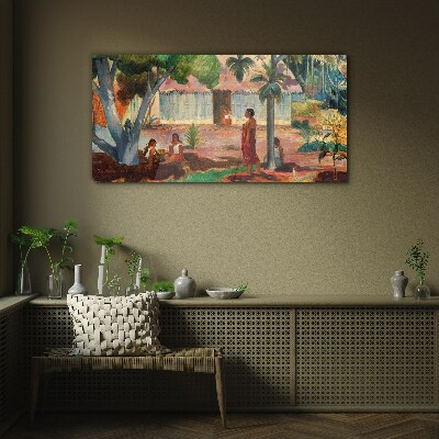 Tropical landscape with figures Glass Wall Art
