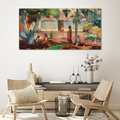 Tropical landscape with figures Glass Wall Art