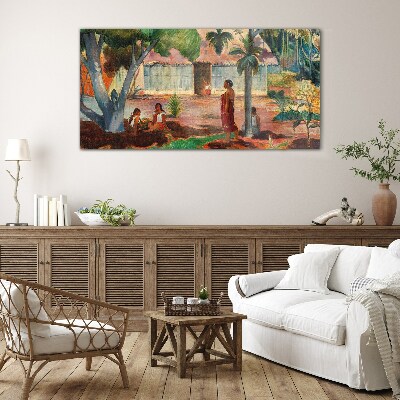 Tropical landscape with figures Glass Wall Art