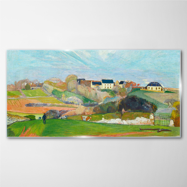 Landscape with houses and a person Glass Wall Art