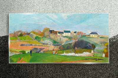 Landscape with houses and a person Glass Wall Art