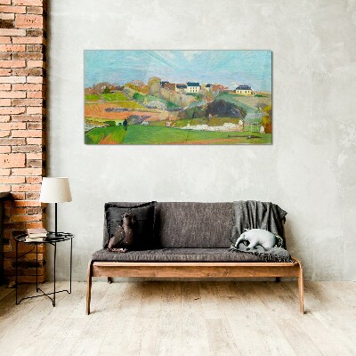 Landscape with houses and a person Glass Wall Art