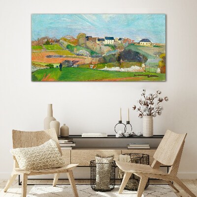 Landscape with houses and a person Glass Wall Art