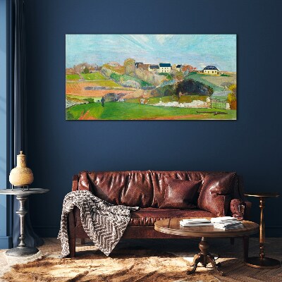 Landscape with houses and a person Glass Wall Art