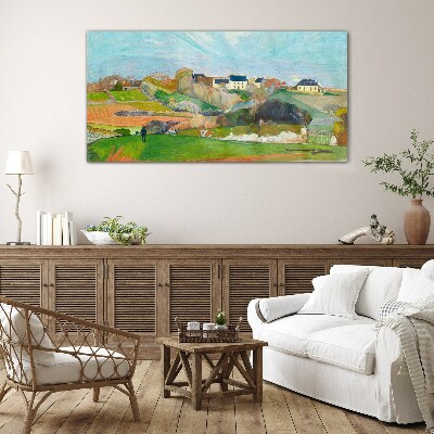 Landscape with houses and a person Glass Wall Art