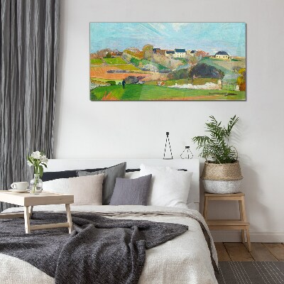 Landscape with houses and a person Glass Wall Art