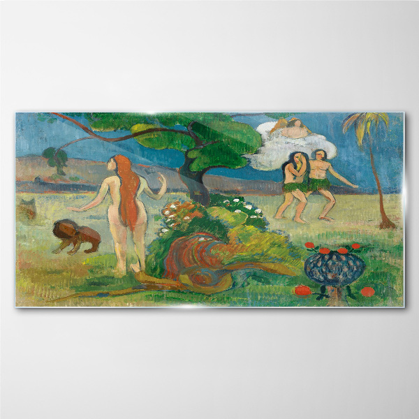 Paradise landscape with characters Glass Wall Art