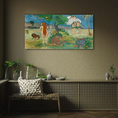 Paradise landscape with characters Glass Wall Art