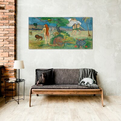Paradise landscape with characters Glass Wall Art