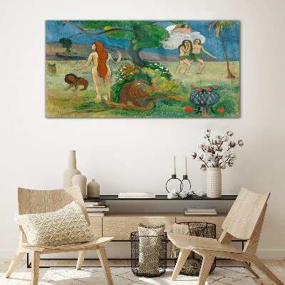 Paradise landscape with characters Glass Wall Art