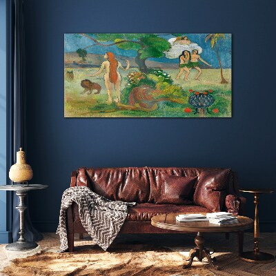 Paradise landscape with characters Glass Wall Art